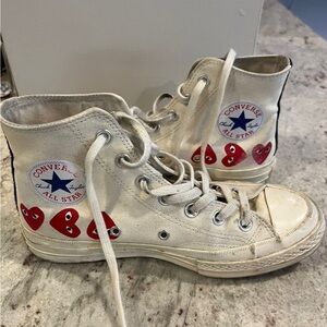 Comme des Garçons / Converse White High-Top Sneakers with Red Heart Design